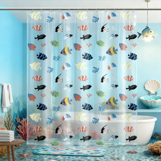 Tropical fish shower curtain, made of PEVA, colorful ocean pattern - transparent bathroom decor with durable metal grommets from PriceLows™
