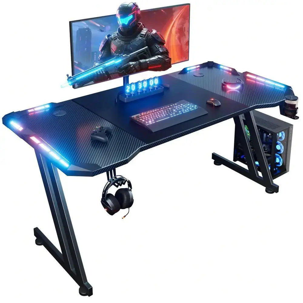 Gaming Desk With LED Lights Carbon Fibre Surface Gaming Table Large Computer Desk Ergonomic Home Office Desks Z Shaped PC Gamer from PriceLows™