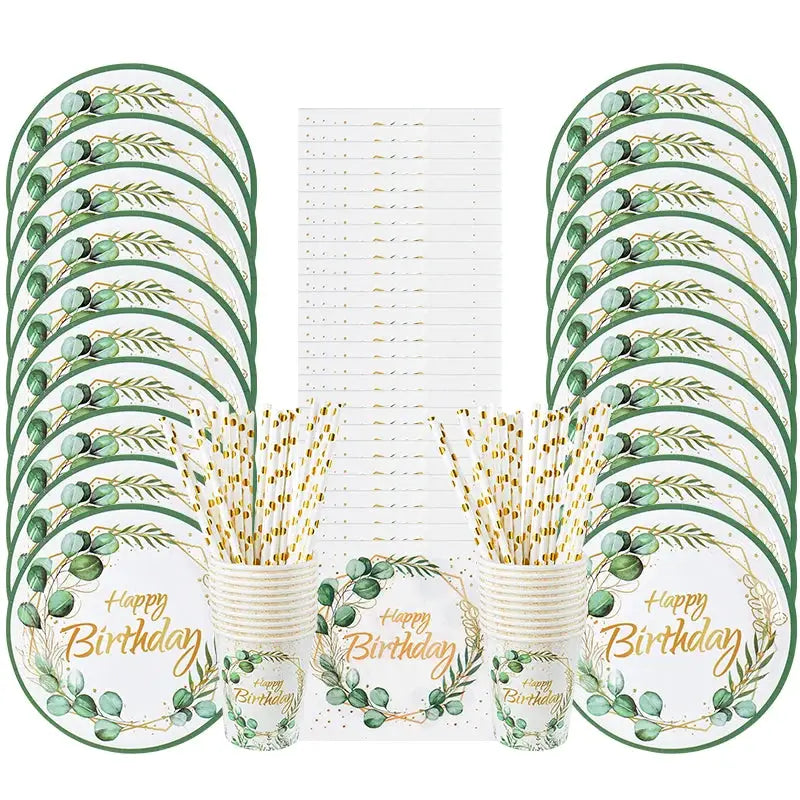 Eucalyptus Leaf Tableware Set | Paper Plate Cups Napkins | Kids And Adults Party Supplies