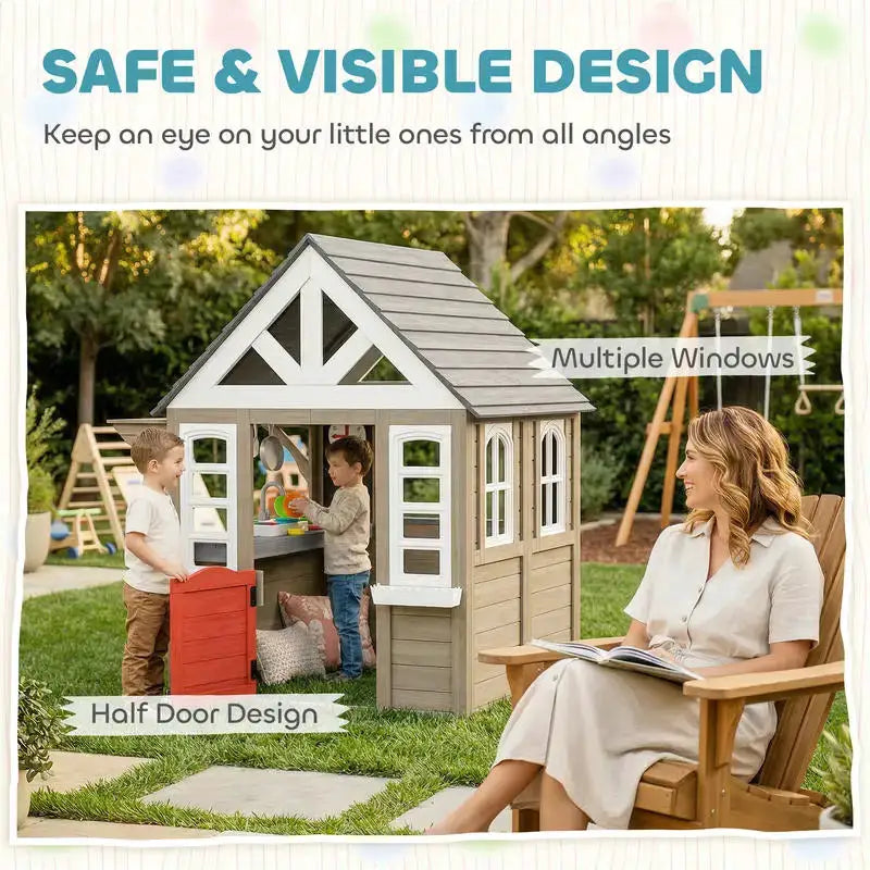Qaba Outdoor Playhouse, Wooden Kids Playhouse with Dog Door, Flower Box, Cookware & Window for Garden Ages 2+, Gray from PriceLows™