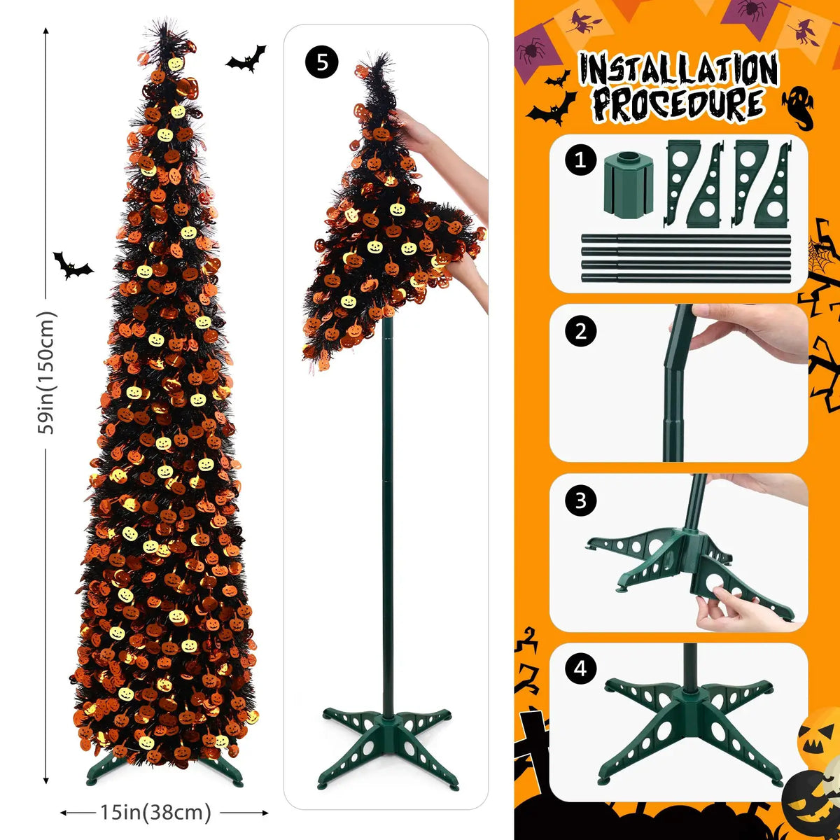 Pop Up Halloween Tree | 5 Ft | LED Lighted | Glitter Finish
