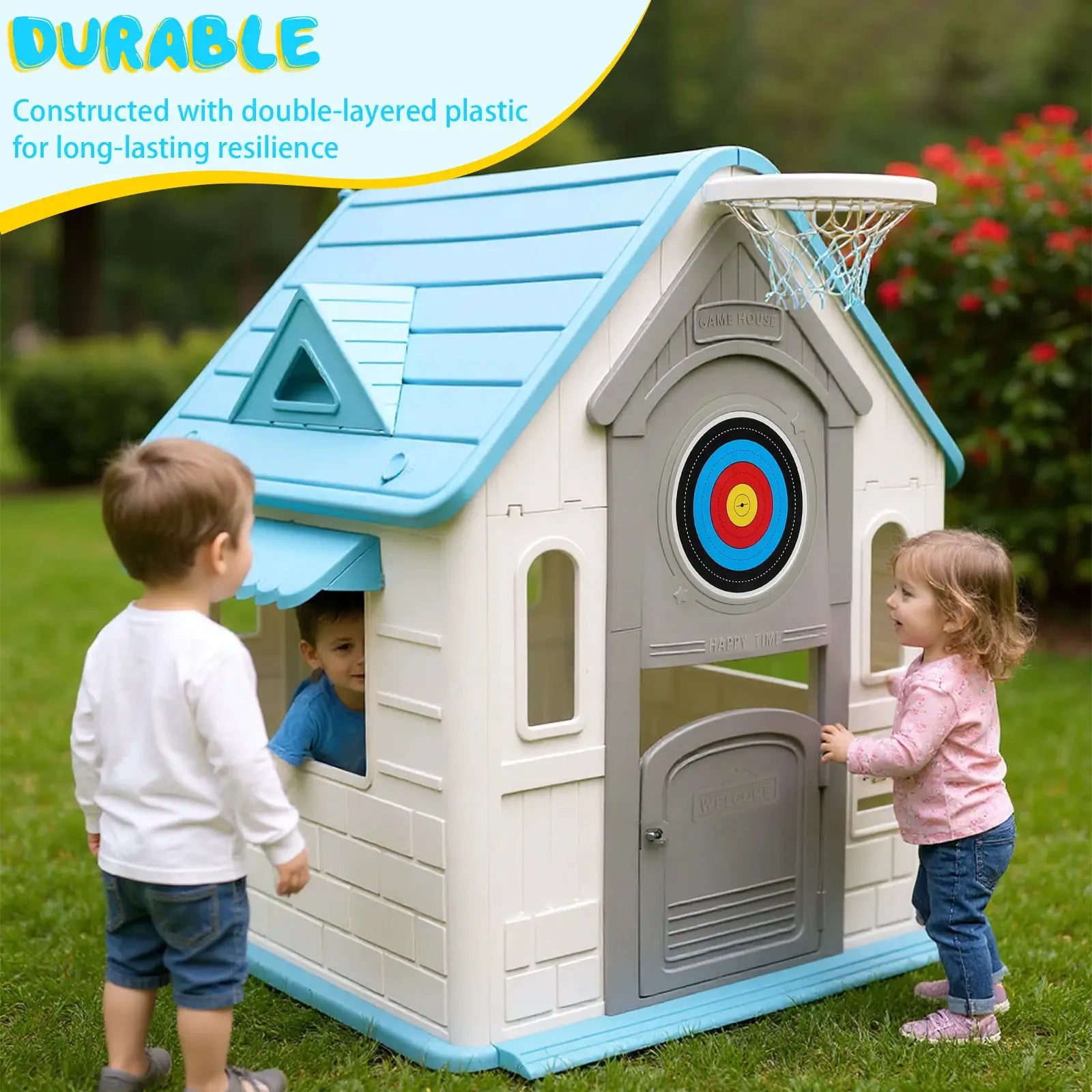 Indoor/Outdoor Playset with Basketball Hoop Dartboard Plastic Playhouse Outdoor Playhouse for Toddlers from PriceLows™