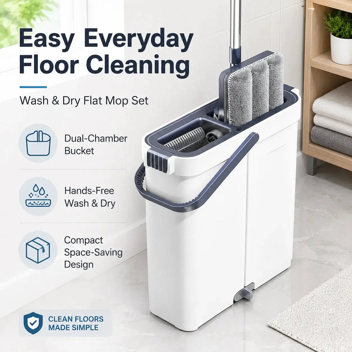 Slim Flat Mop | Self Wringing | 2 Washable Pads | 5.3 Inches