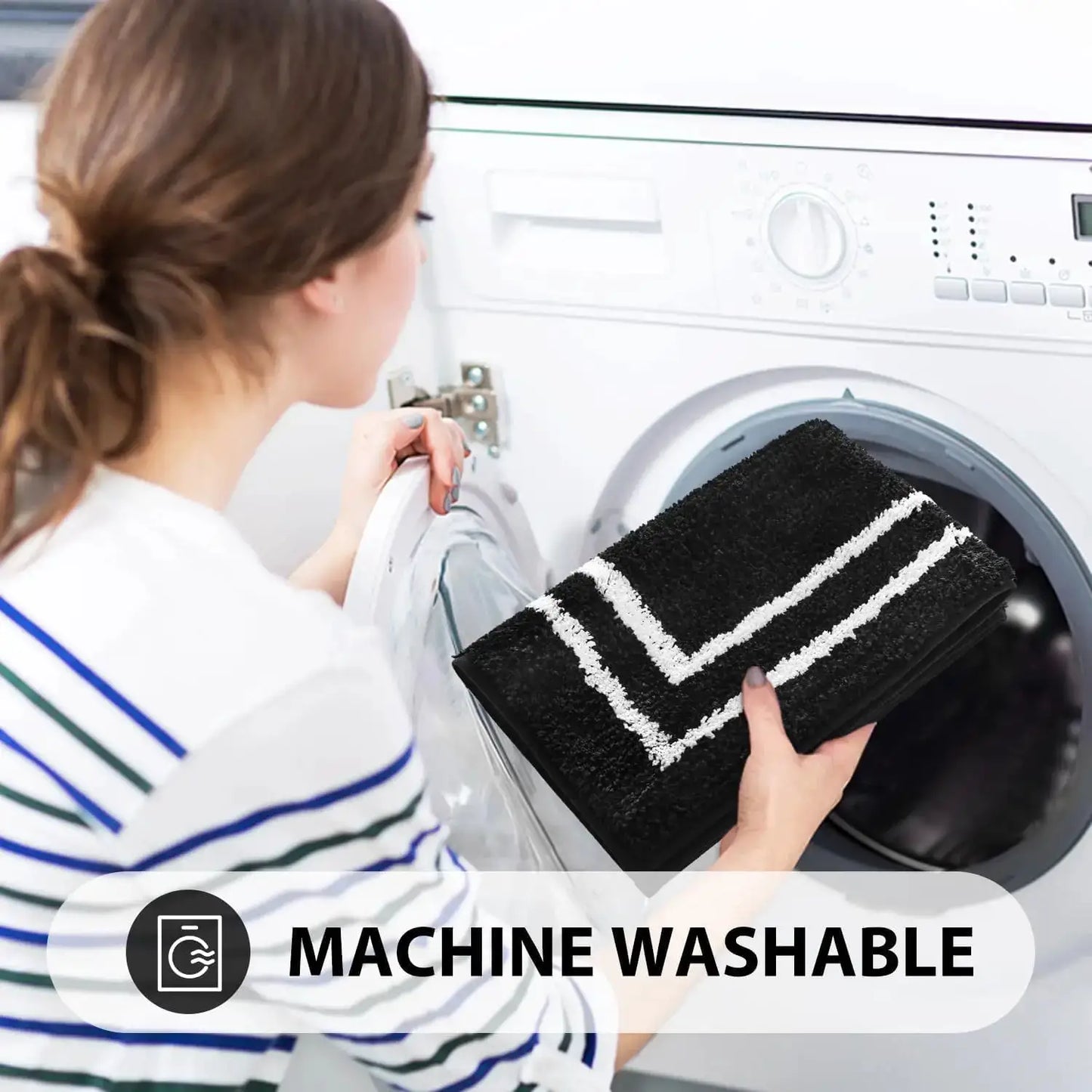 3-Piece Black Bathroom Mat Set, Non-Slip, Machine Washable, Soft Shaggy Microfiber Absorbent Bath Mat Set with U Shaped from PriceLows™