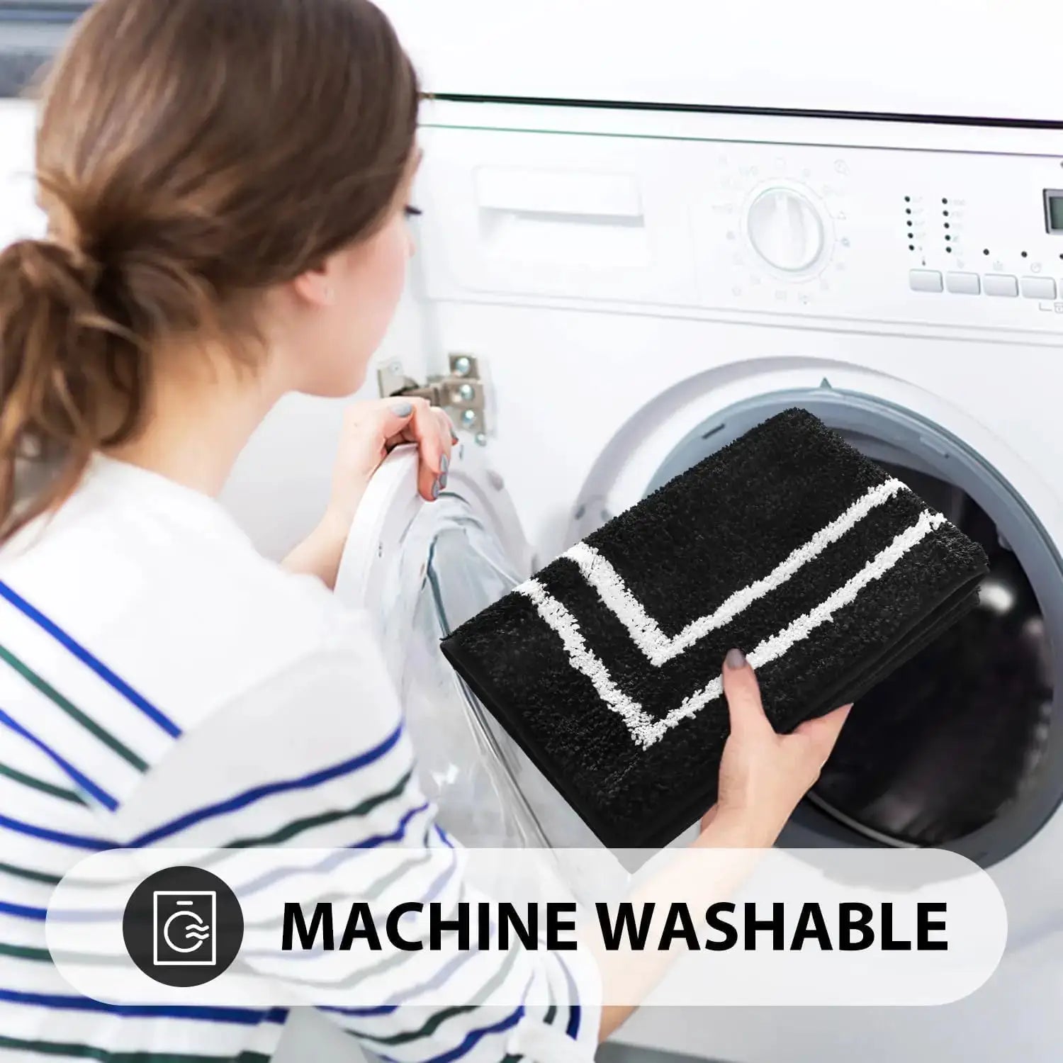 3-Piece Black Bathroom Mat Set, Non-Slip, Machine Washable, Soft Shaggy Microfiber Absorbent Bath Mat Set with U Shaped from PriceLows™