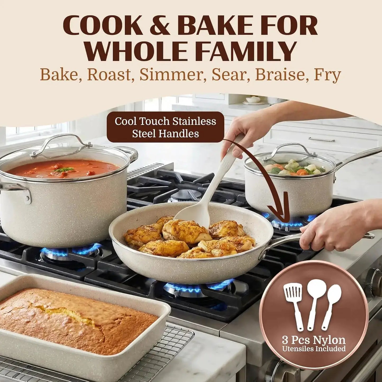 20 Pc Ceramic Nonstick Cookware Set, Complete Pots and Pans with Bakeware, Utensils & Steamer, Oven & Dishwasher Safe, PFOA PFOS Free from PriceLows™