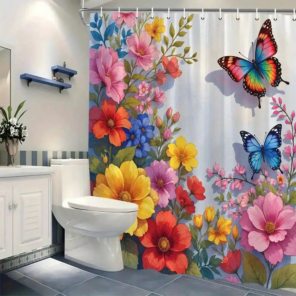 1pc Colorful Butterfly and Flower Shower Curtain | Vibrant Butterflies in Pink, Red, Blue, Green, Surrounded by Detailed Flowers from PriceLows™