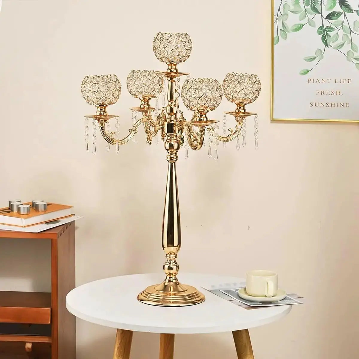 Candelabra | 5 Arm | Gold Metal And Crystal | Table Centerpiece