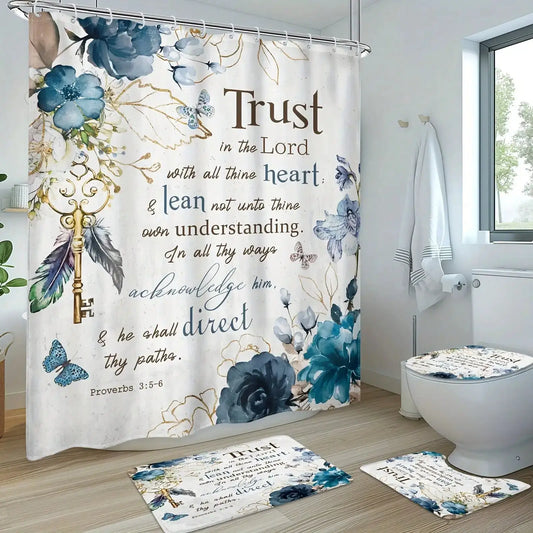 1/3/4pcs Malachite Flower Scripture Shower Room Set, Waterproof Shower Curtain With 12 Plastic Hooks, Bath Non-Slip Mat from PriceLows™