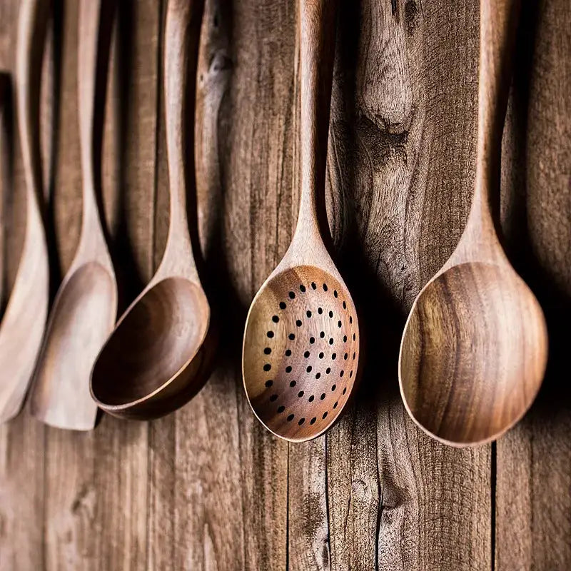 Natural Teak Cooking Spoon Scoop Kitchen Wooden Spatula Non-stick Utensils Set For Cooking With Hanging Hooks Cookware Tool from PriceLows™