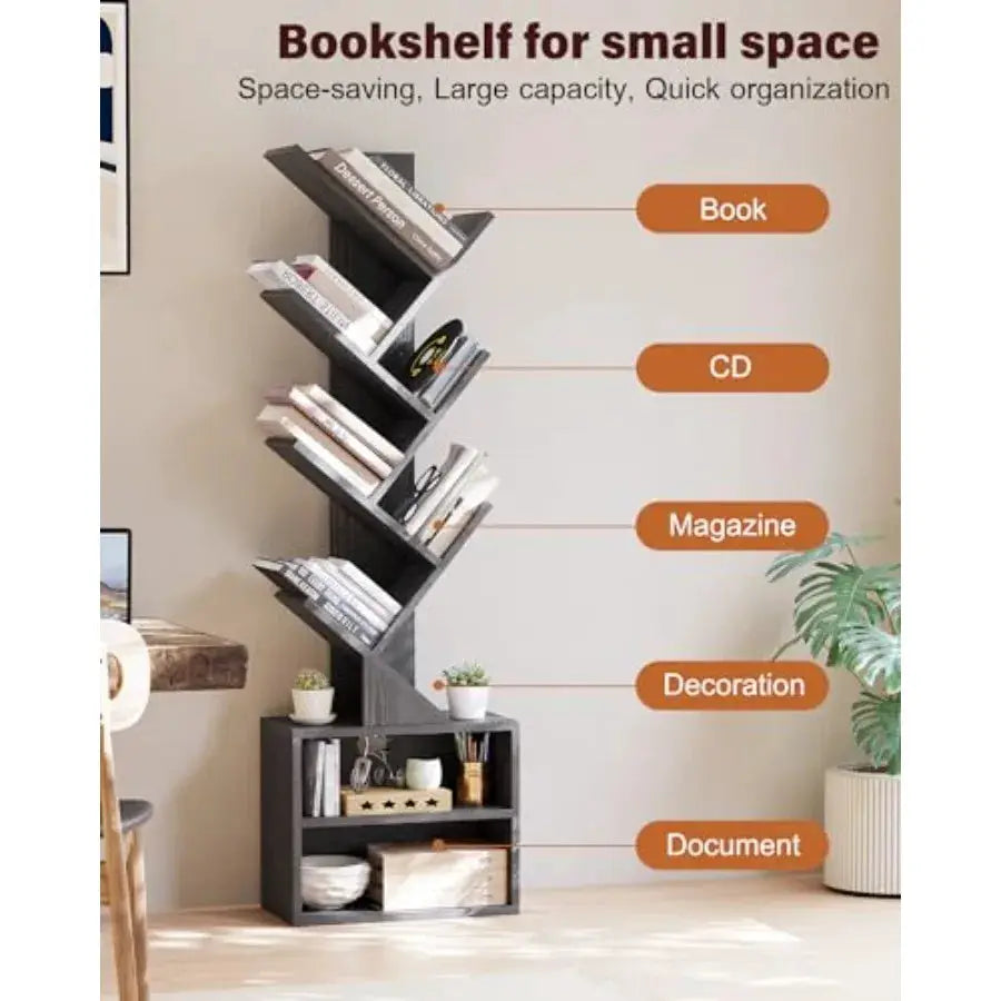 6 Tier Tree Bookshelf, Small Bookcase with Storage Cabinet, Modern Narrow Bookshelves Organizer, Floor Standing Book Shelf for from PriceLows™