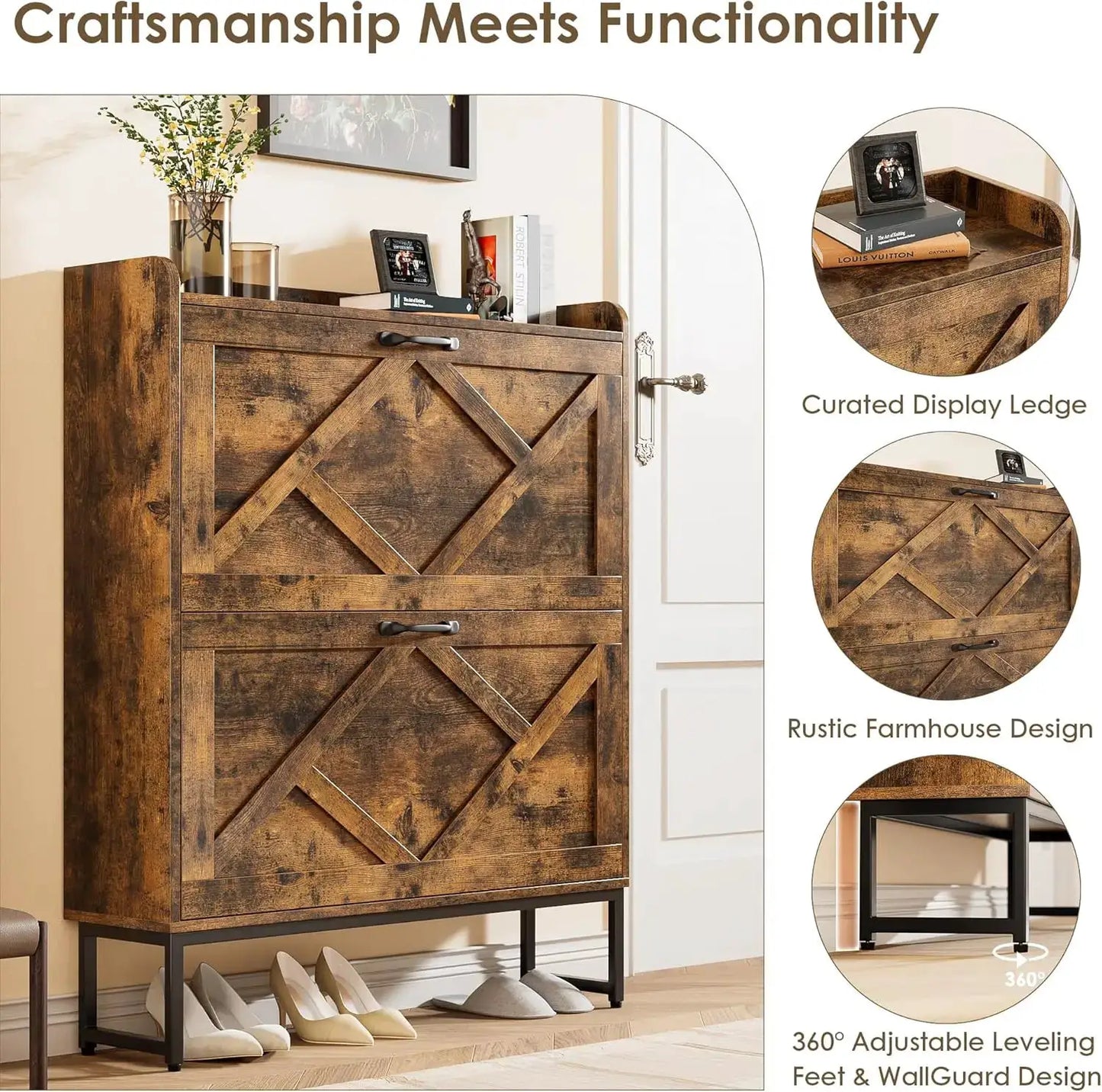 Shoe Cabinet Organizer with 2 Flip Drawers, Narrow Storage Rack with Metal Legs, Slim Entryway Furniture, Rustic Brown from PriceLows™
