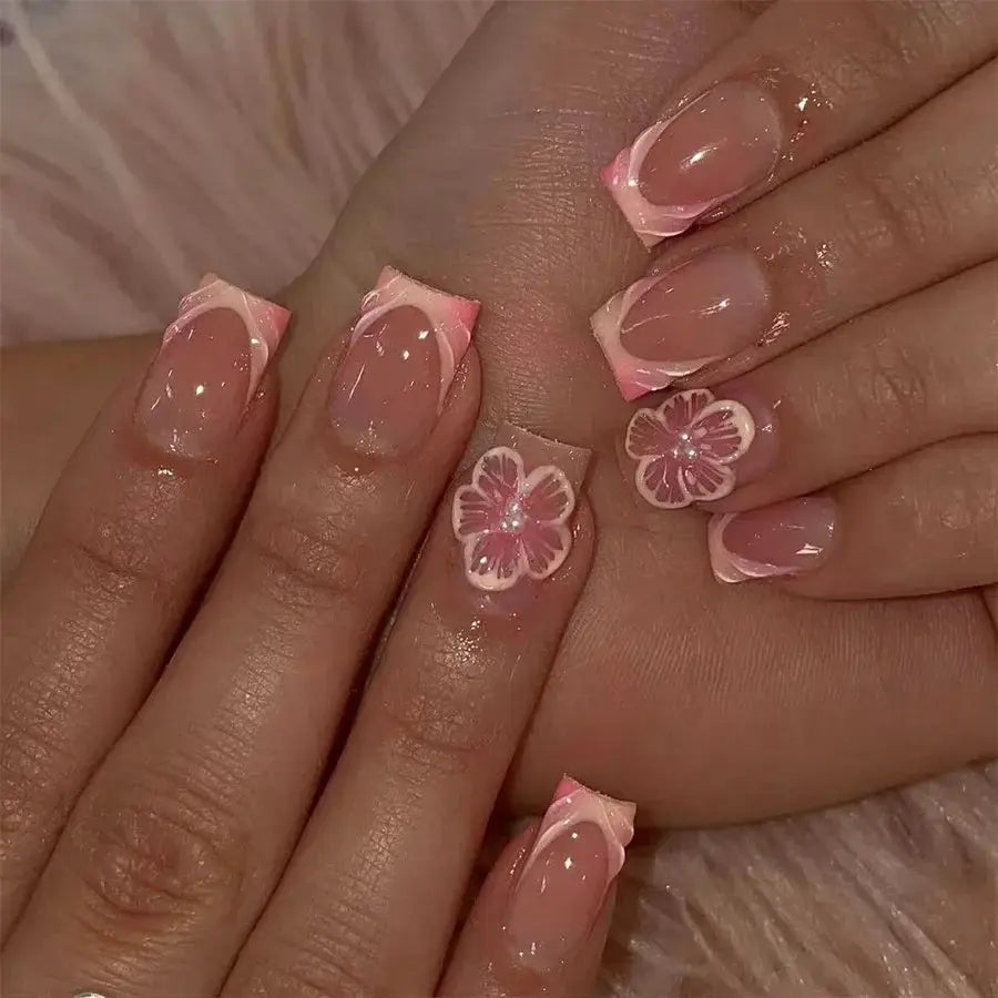 Press On Nails | Medium Square | Blush Pink Floral | 24 Pcs M Size