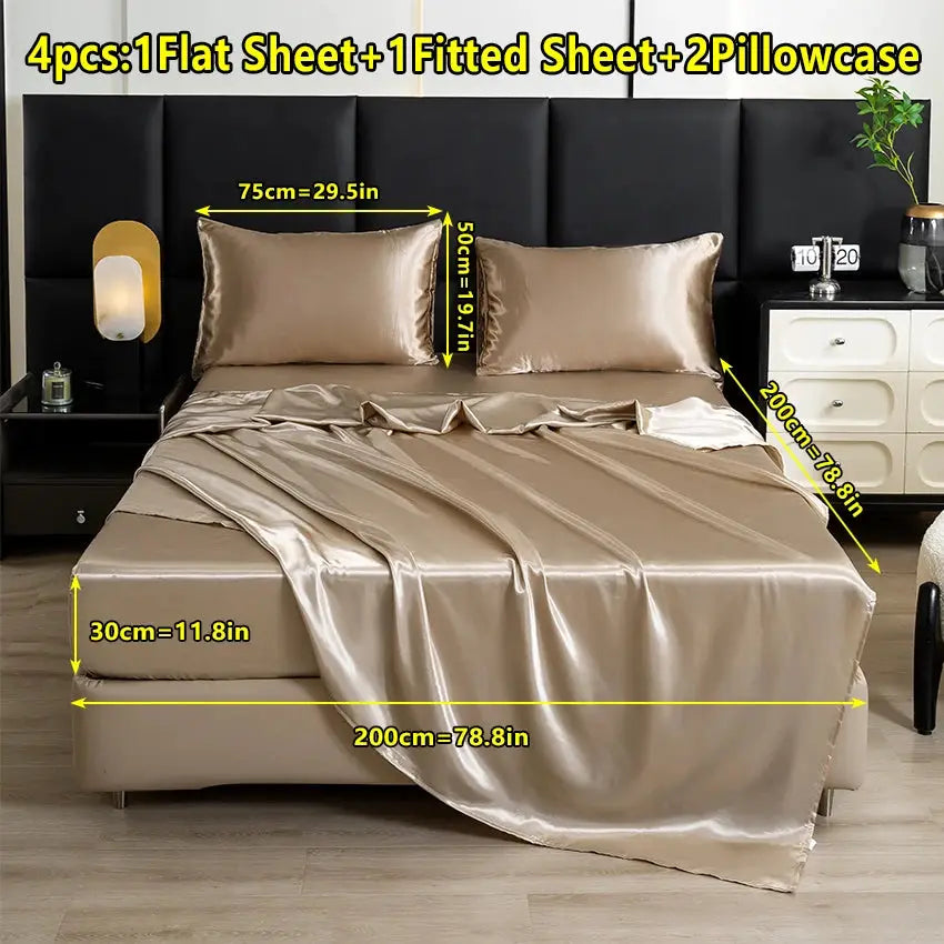 【Mother's Day Gift】4-Piece Set of Solid Color Satin Bed Sheet Set (1 Flat Sheet + 1 Fitted Sheet + 2 Pillowcases), Luxurious and Soft, with a Natural Luster, Skin-Friendly and Breathable Bedding from PriceLows™