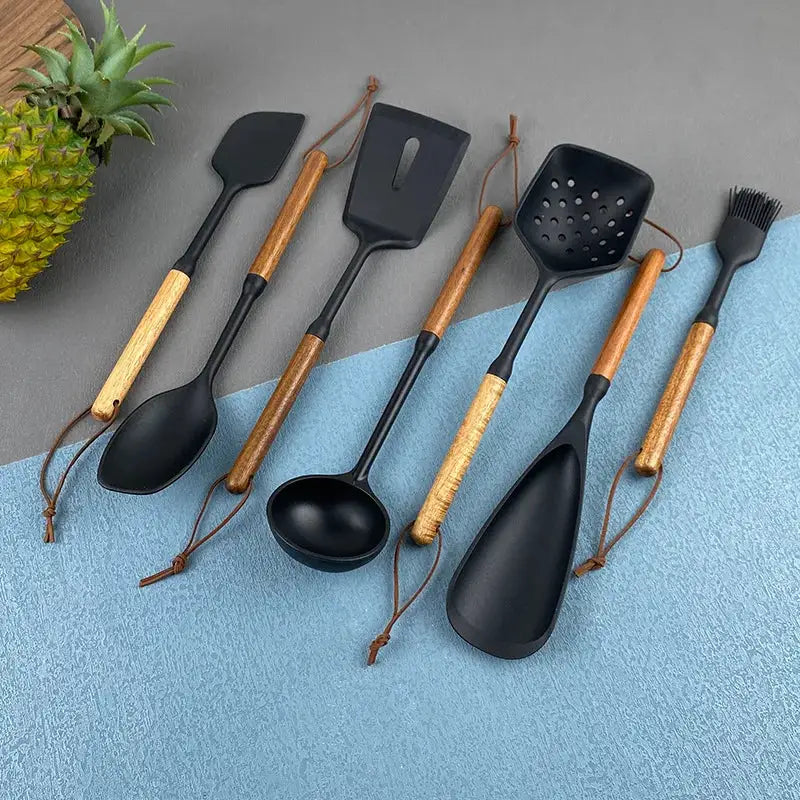 Wooden Handle Silicone Spatula Kitchenware Set, 7-piece Set, Heat-resistant Stir Fry Shovel, Soup Spoon, Kitchen Utensils from PriceLows™