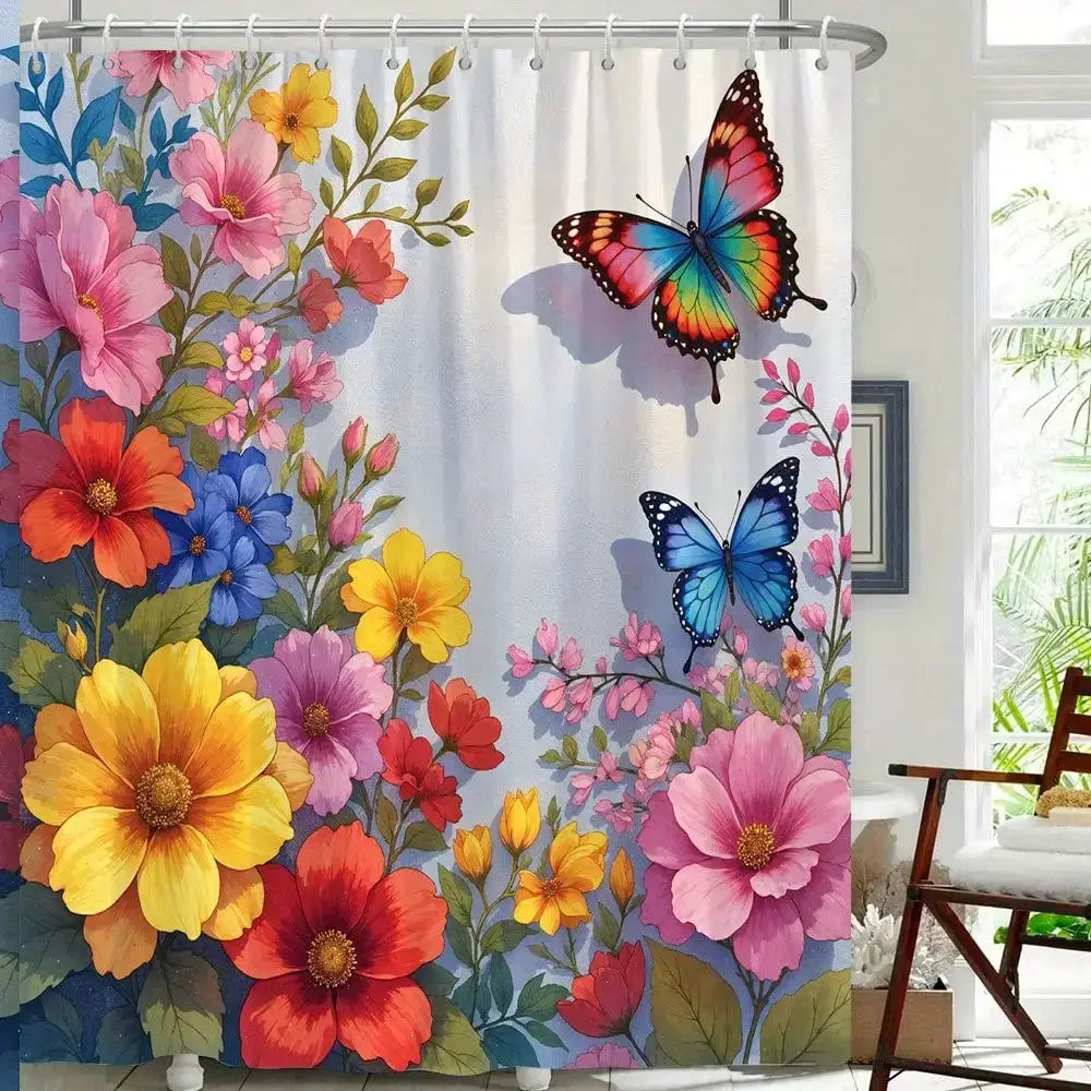 1pc Colorful Butterfly and Flower Shower Curtain | Vibrant Butterflies in Pink, Red, Blue, Green, Surrounded by Detailed Flowers from PriceLows™