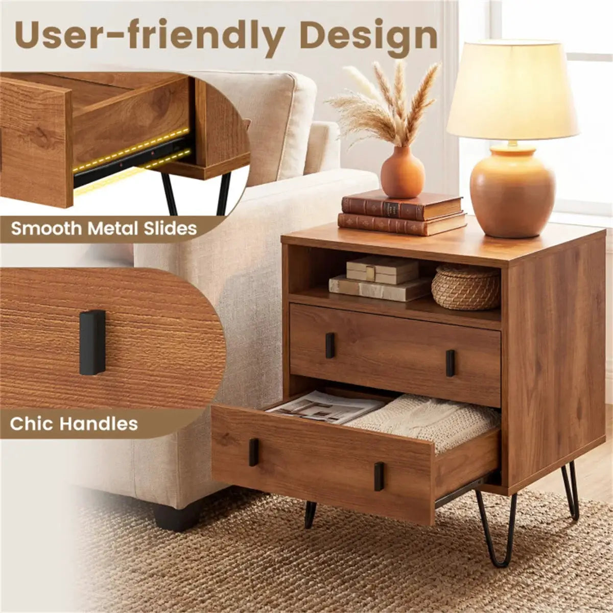 3-in-1 Bedroom Nightstand, Practical Side Table with 2 Drawers & Iron Legs from PriceLows™