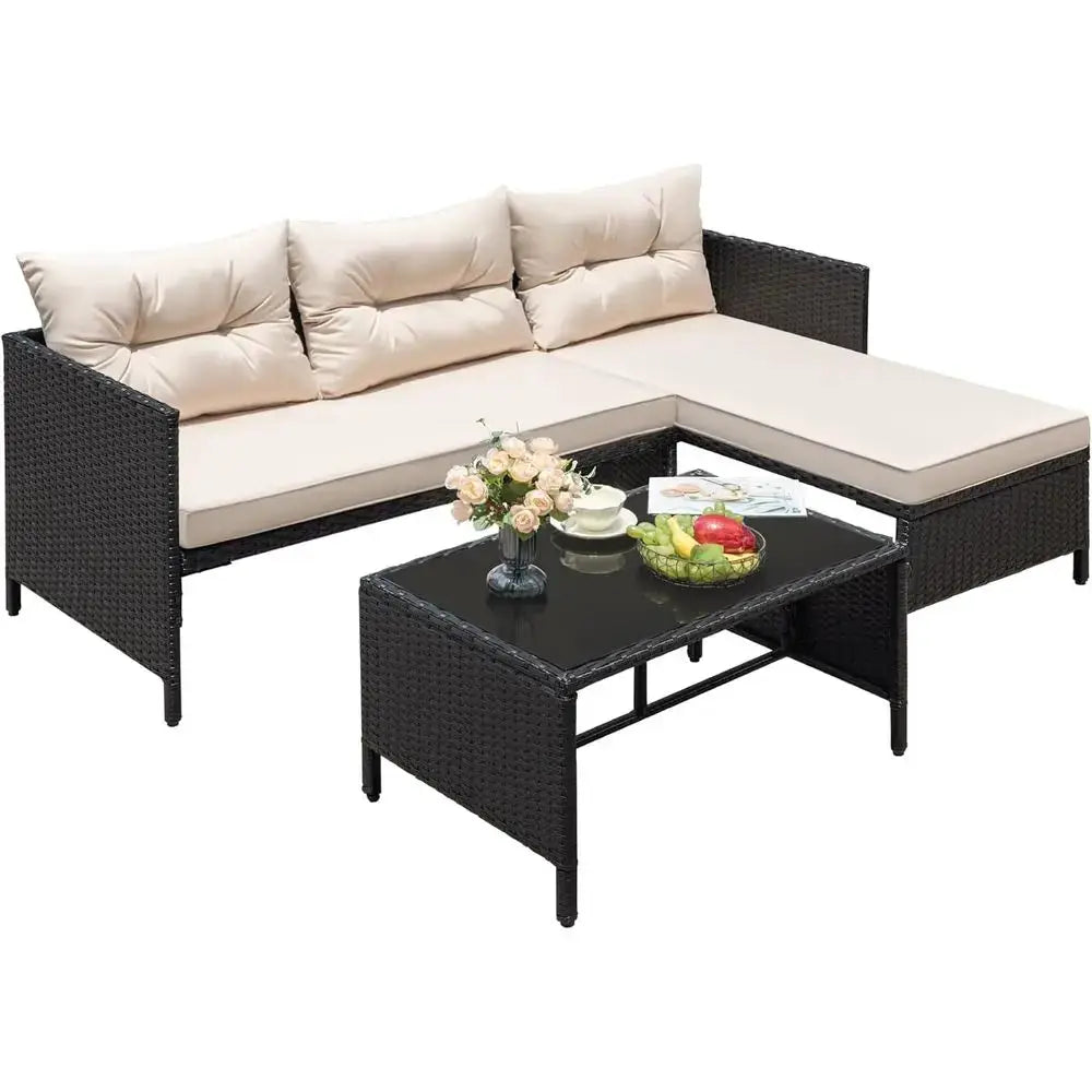 Light Beige Outdoor Wicker Sectional Sofa Set with Cushions and Coffee Table for Patio, Garden, Porch, Poolside from PriceLows™
