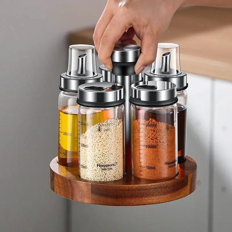 Rotating Seasoning Bottle Set | Glass Spice Jars | Rotating Rack | Various Sizes