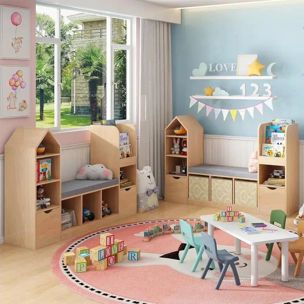 Children's Oak Bookcase with Reading Nook, 7 Storage Shelves & 2 Movable Stools, Seat Cushion or Toy Storage for Bedroom from PriceLows™
