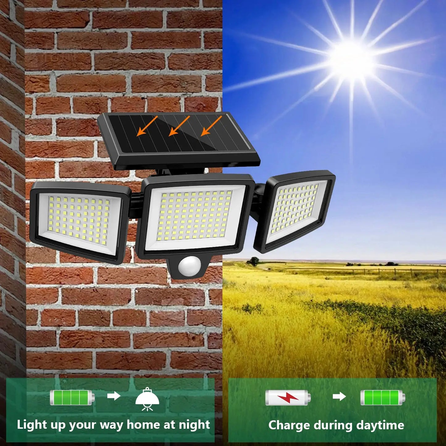Outdoor Waterproof Solar Light with Motion Sensor 3-Head 200+ LEDs Security Light for Porches Garages Yard Entrances from PriceLows™