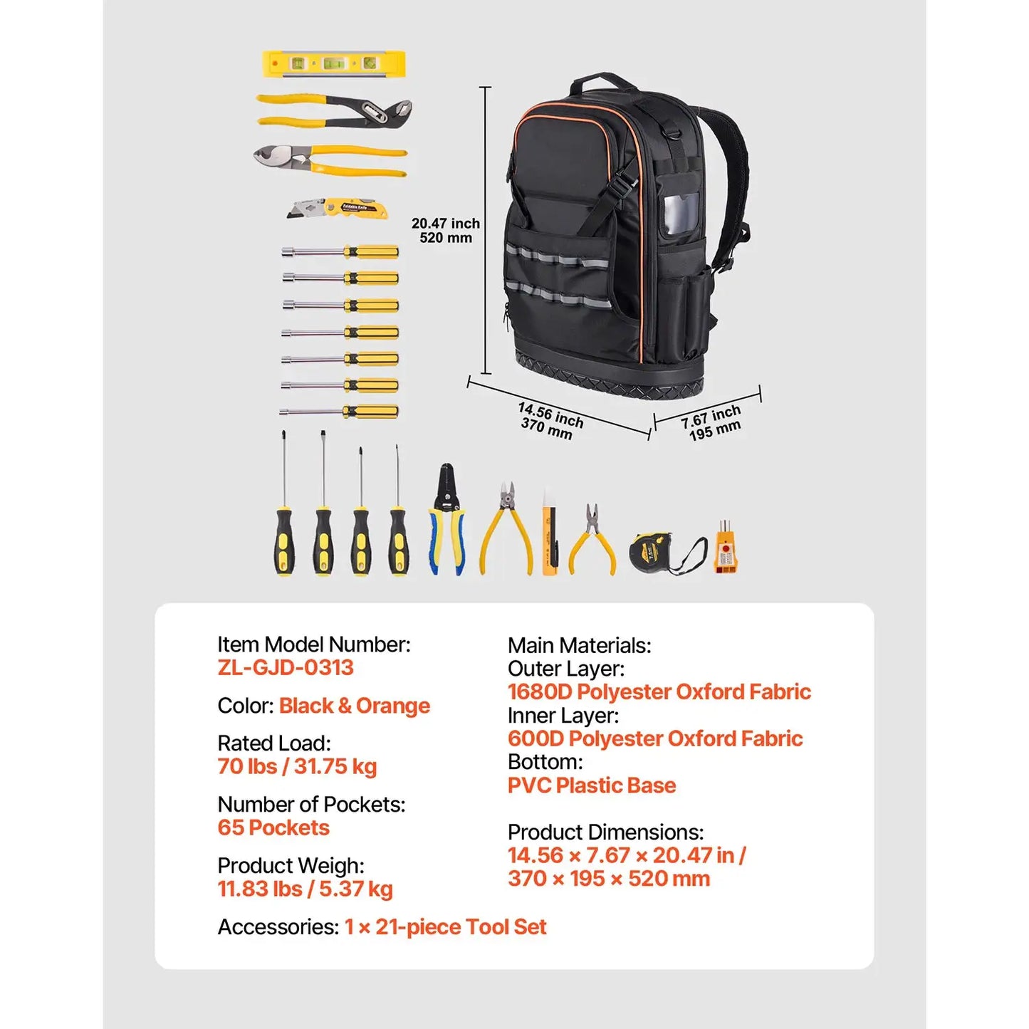 SucceBuy 65 Pockets Tool Backpack with Tools & Molded Base Electrician Repairman HVAC Techs Tools Storage Organizer Work Bags from PriceLows™