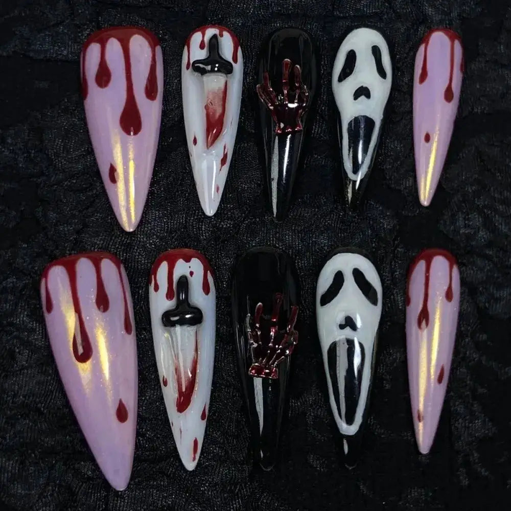 Press On Nails | Short Square | Red French Tip Spider Web | 24 Piece Set