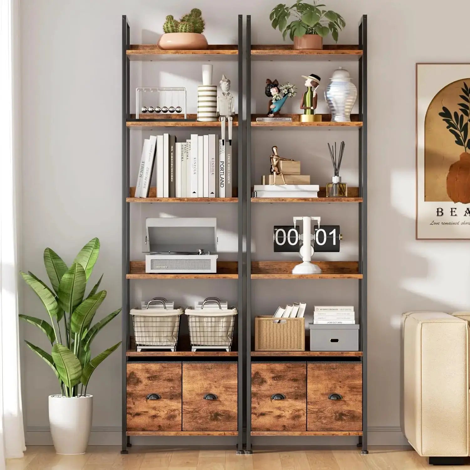 71" Rustic Brown 6-Tier Bookcase with 2 Drawers, Industrial Wood and Metal Storage Shelf for Home Office and Bedroom from PriceLows™