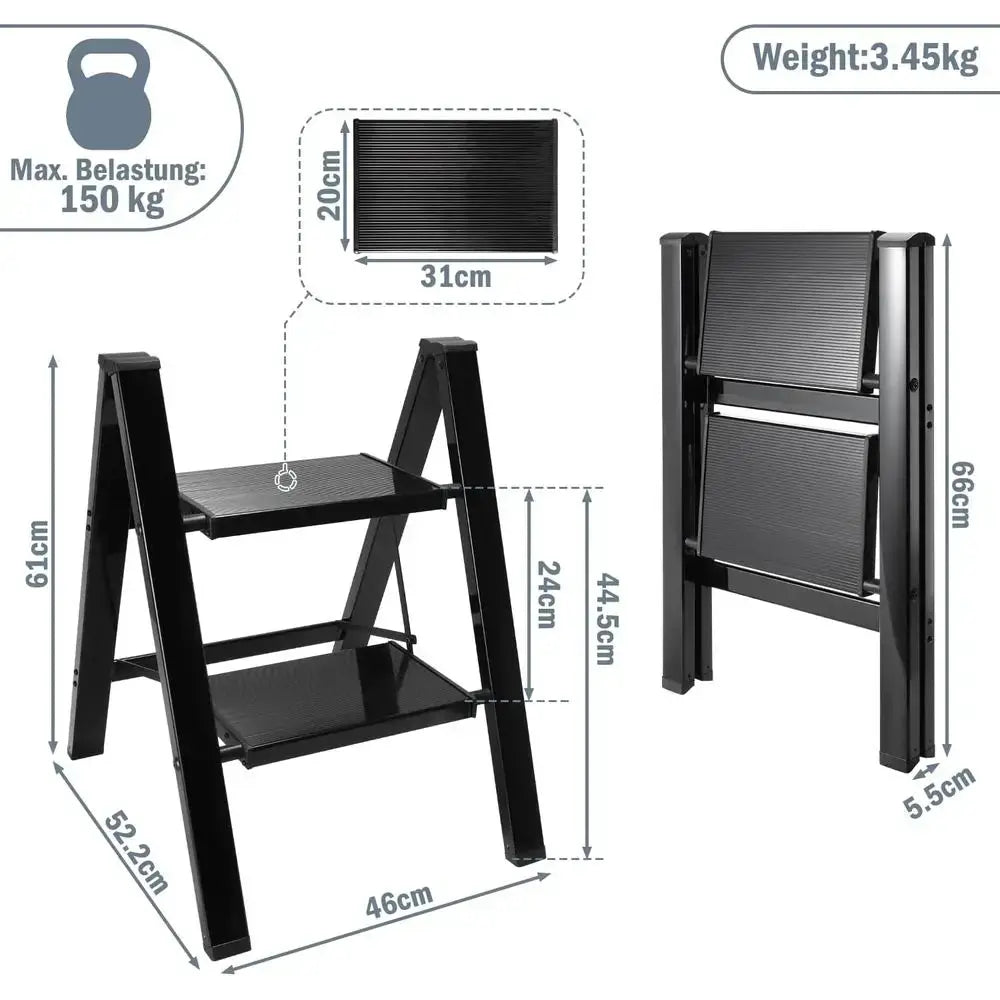 Lightweight 2-Step Folding Ladder with Non-Slip and Load-Bearing Capacity up to 150 kg, Black for Kitchen and Household Use from PriceLows™