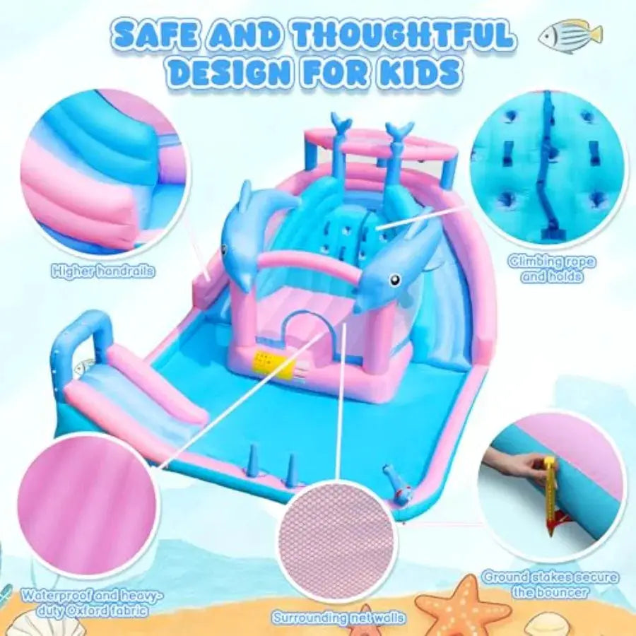 Inflatable Water Slide Dolphin Bounce House for 3-12 Blue Water Park with Blower Splash Pool Climbing Wall Water Cannon Bouncy from PriceLows™