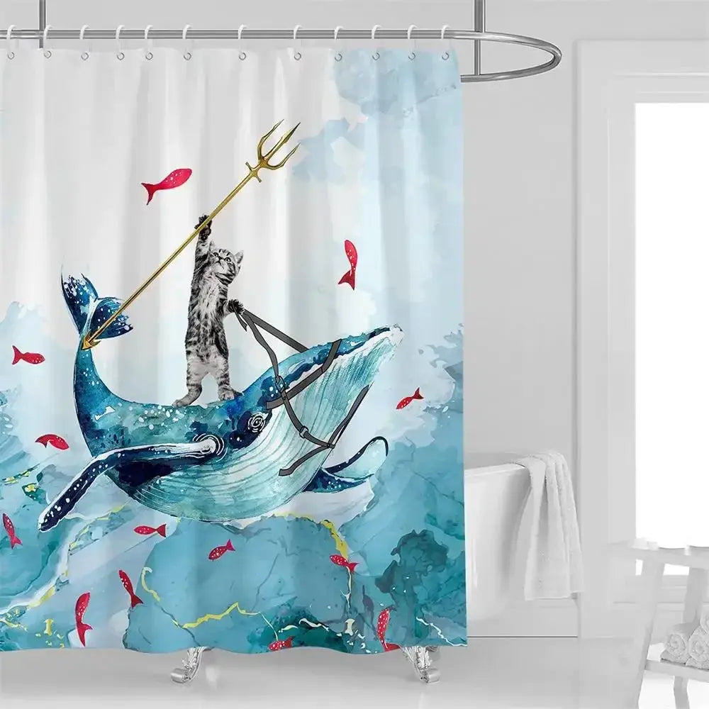 Funny Cat Riding Dinosaur Shower Curtains Cute Animal Sea Waves Surfboard Creative Kids Bath Curtain Set Fabric Bathroom Decor from PriceLows™