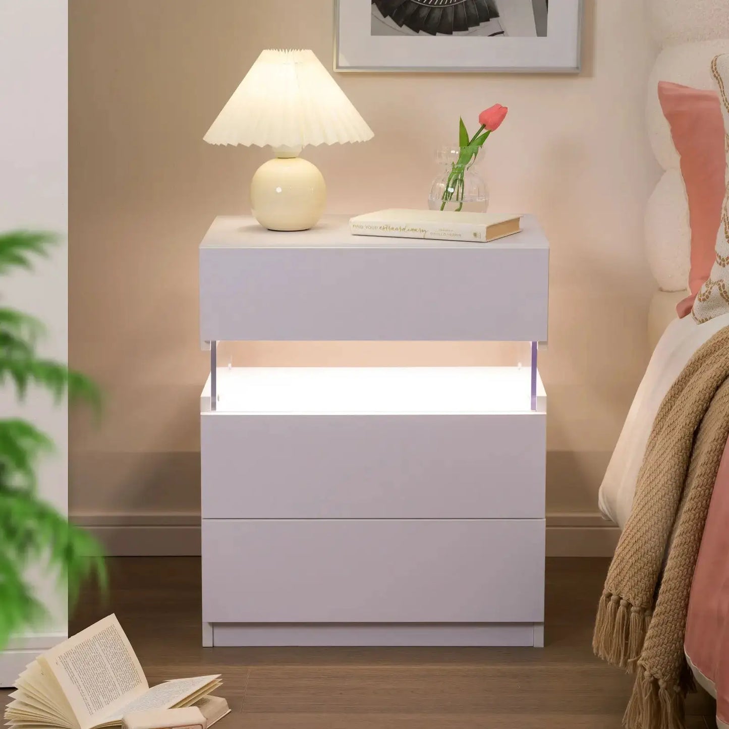 Cubehom Bedside Tables 2 Set with LED Lighting White Bedside Table with 3 Drawers Bedside Table for Bedroom from PriceLows™