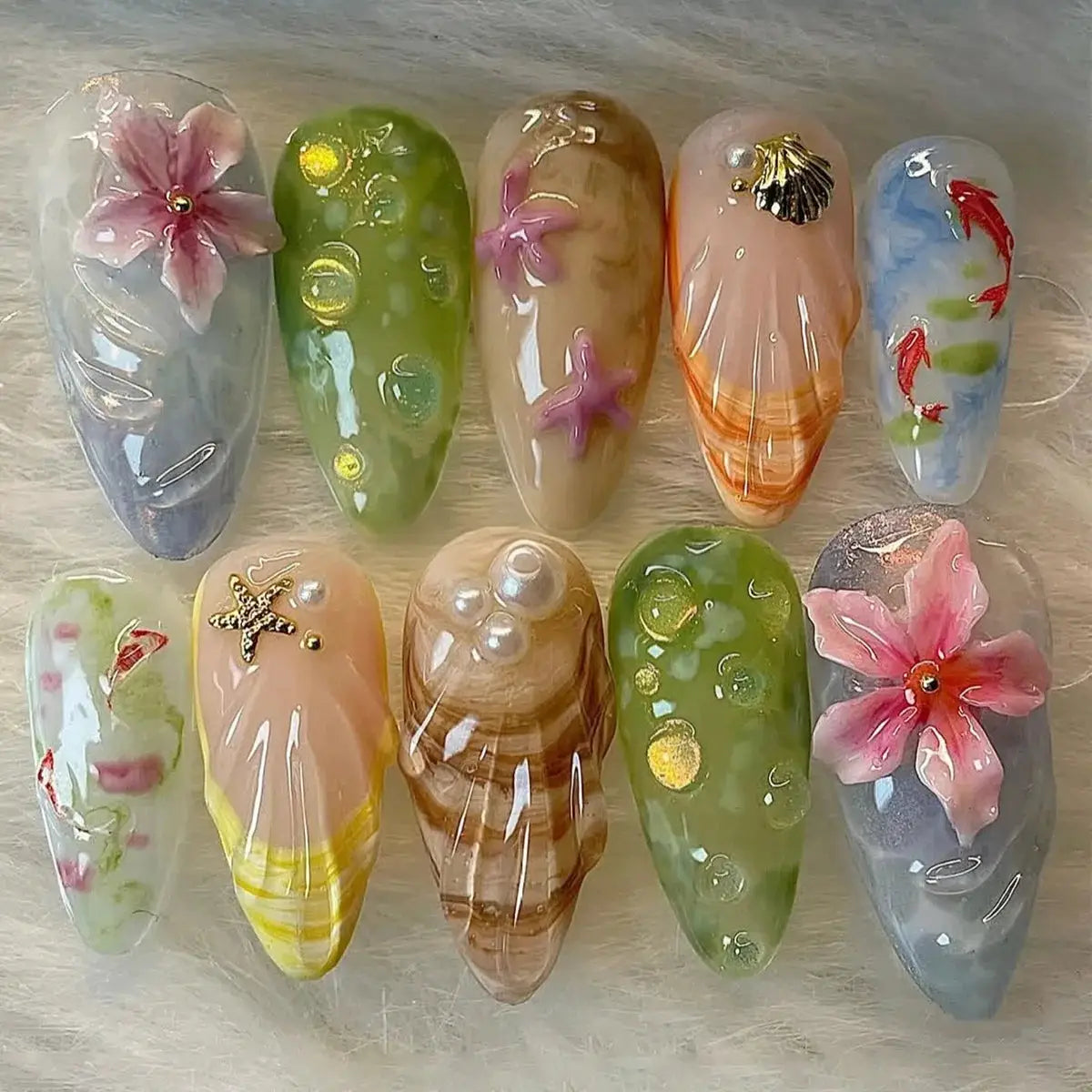 Almond Press On Nails | Acrylic Finish | Pearl Flower Design | 24 Piece Set