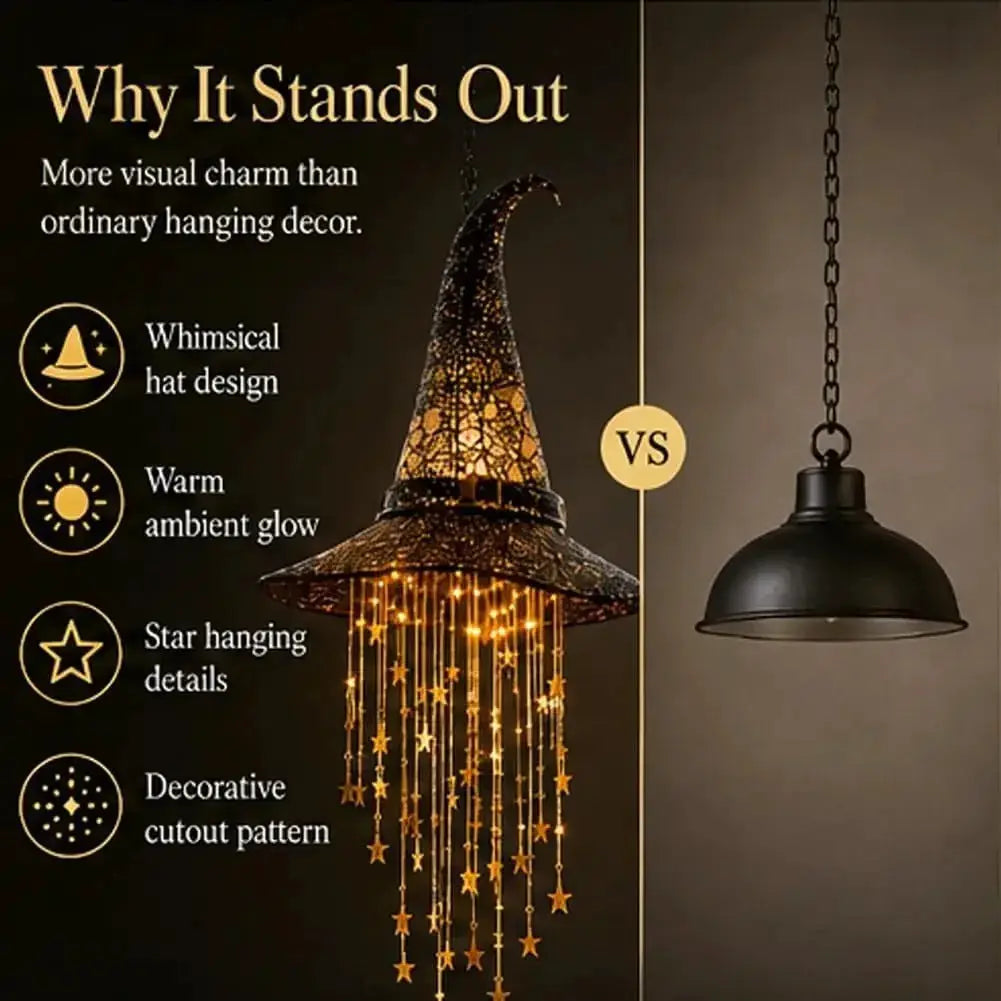 Lighted Witch Hat Hanging Chime | Halloween Outdoor Decor | Mesh Star Cascade