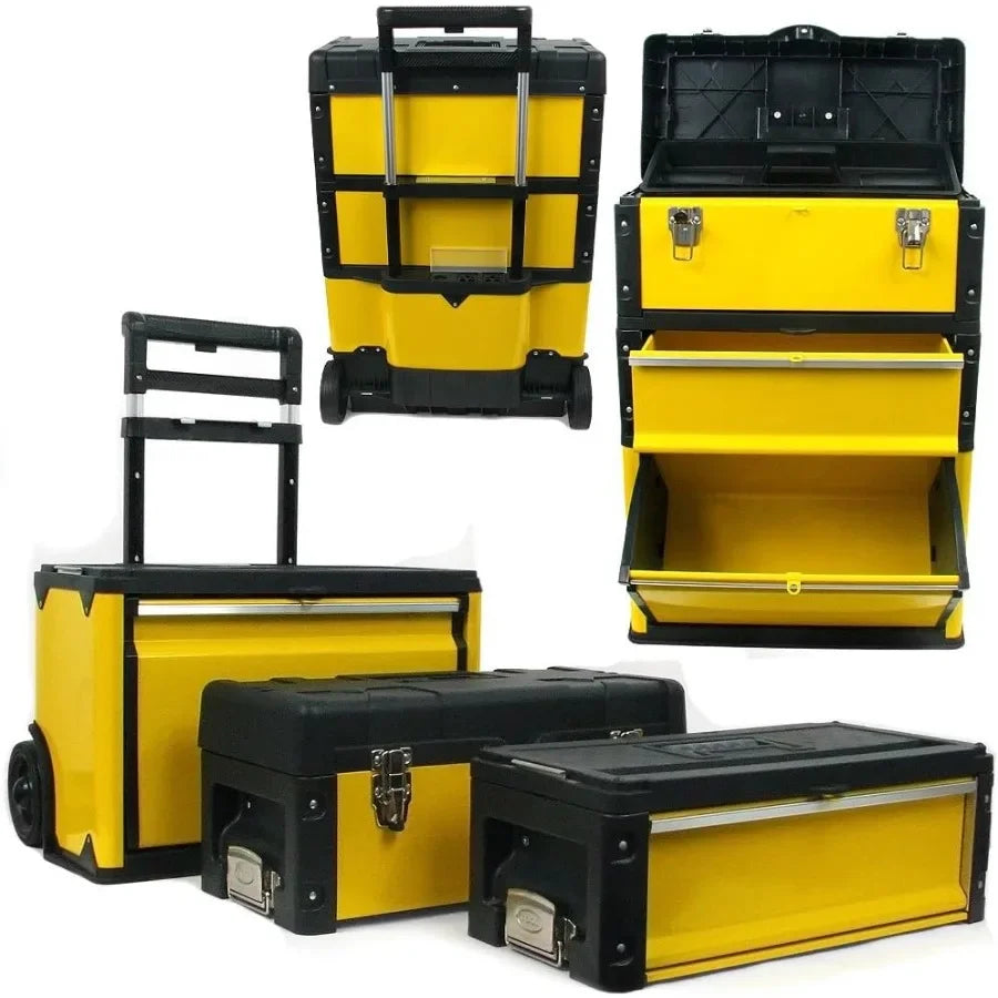 Portable Tool Box on Wheels - Stackable 3-in-1 Chest for Workshops and Craft Rooms - Foldable Comfort Handle and Latches in Bla from PriceLows™
