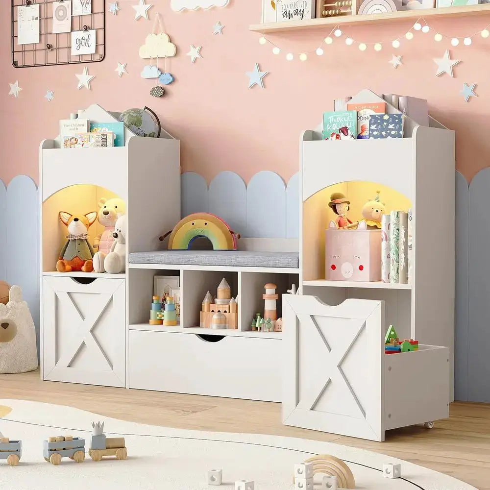 White Kids Castle-Shaped Bookshelf with Reading Nook, Storage, Seat Cushion, LED Lights, and 3 Movable Desks for Playroom or Bed from PriceLows™