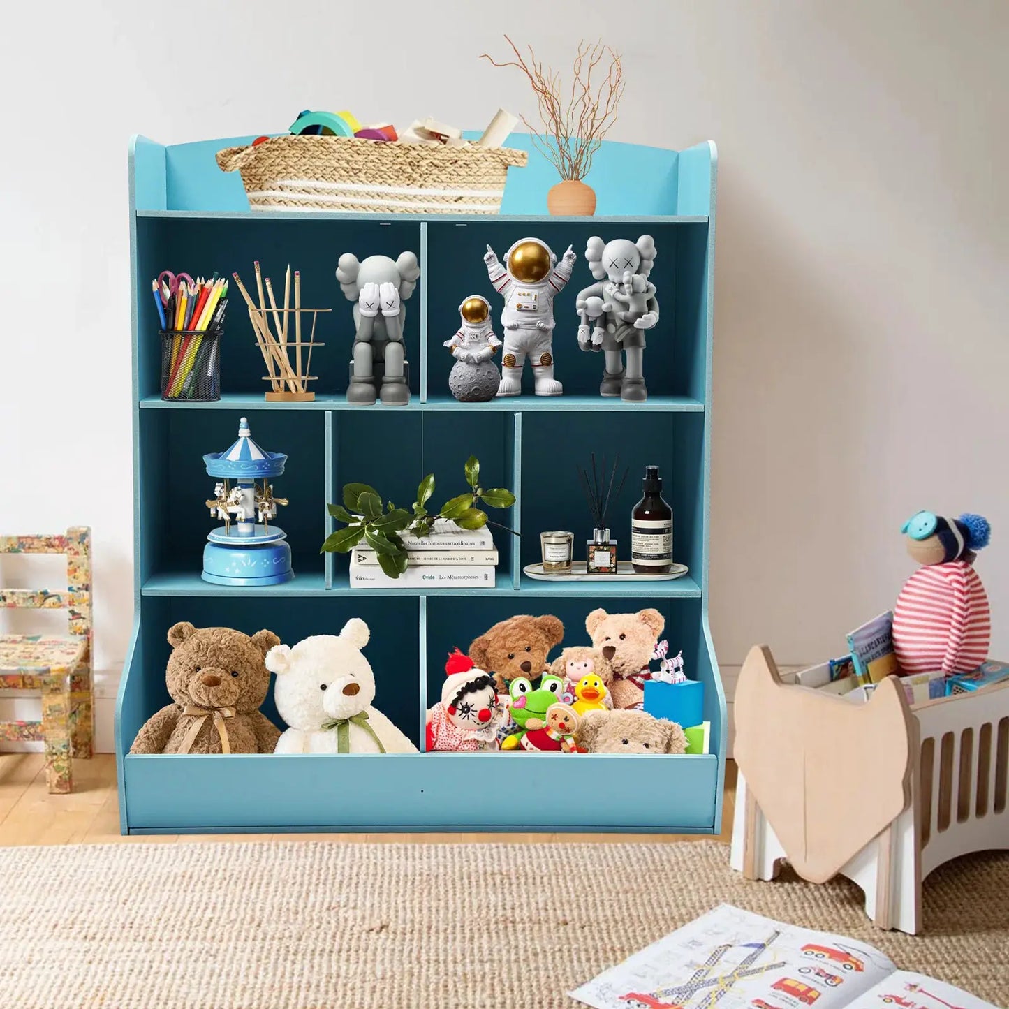 Kids Toy Storage Organizer 4 Tier Children Bookshelf Floor Standing Kid Bookcase Blue Toy Rack for Playroom Bedroom from PriceLows™