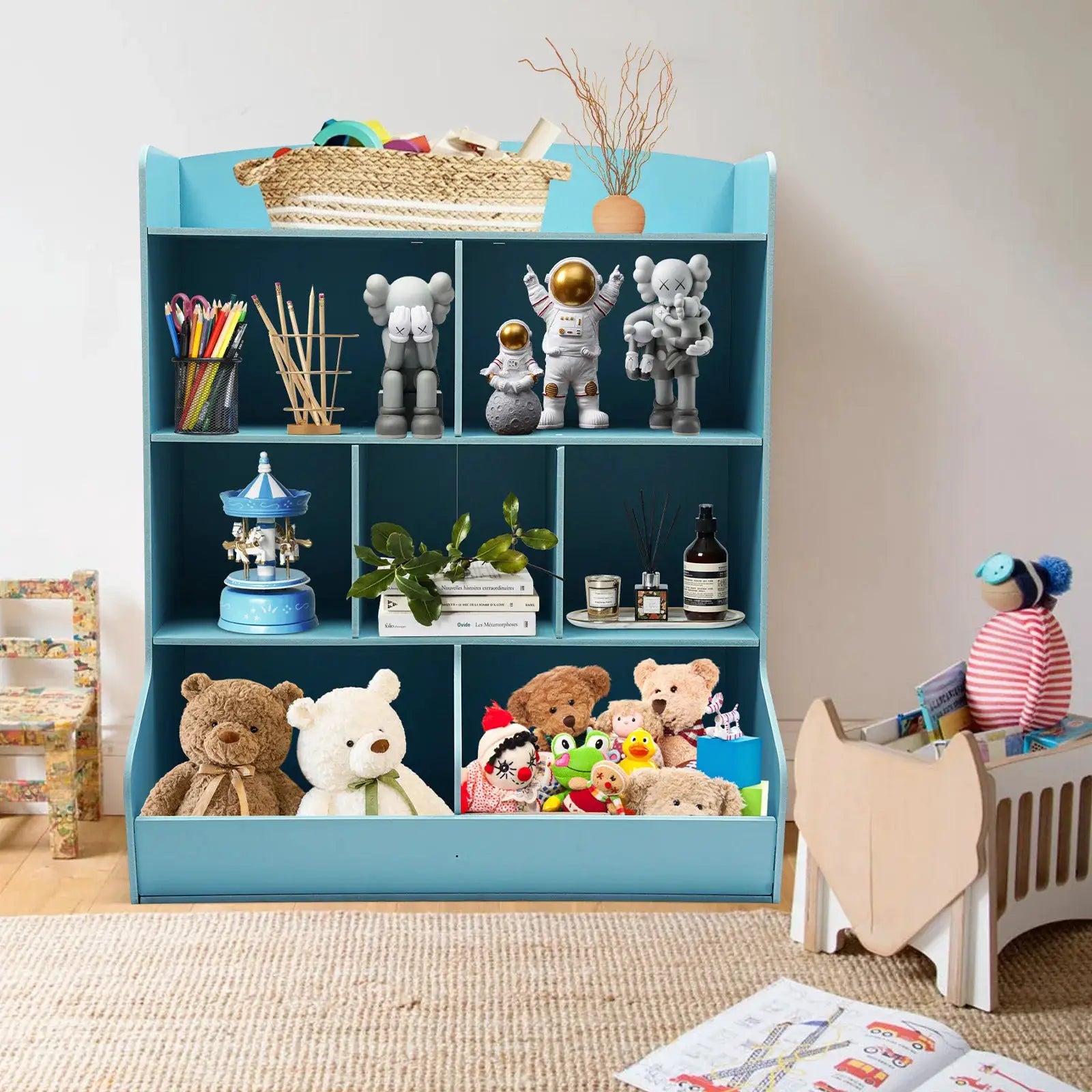 Kids Toy Storage Organizer 4 Tier Children Bookshelf Floor Standing Kid Bookcase Blue Toy Rack for Playroom Bedroom from PriceLows™