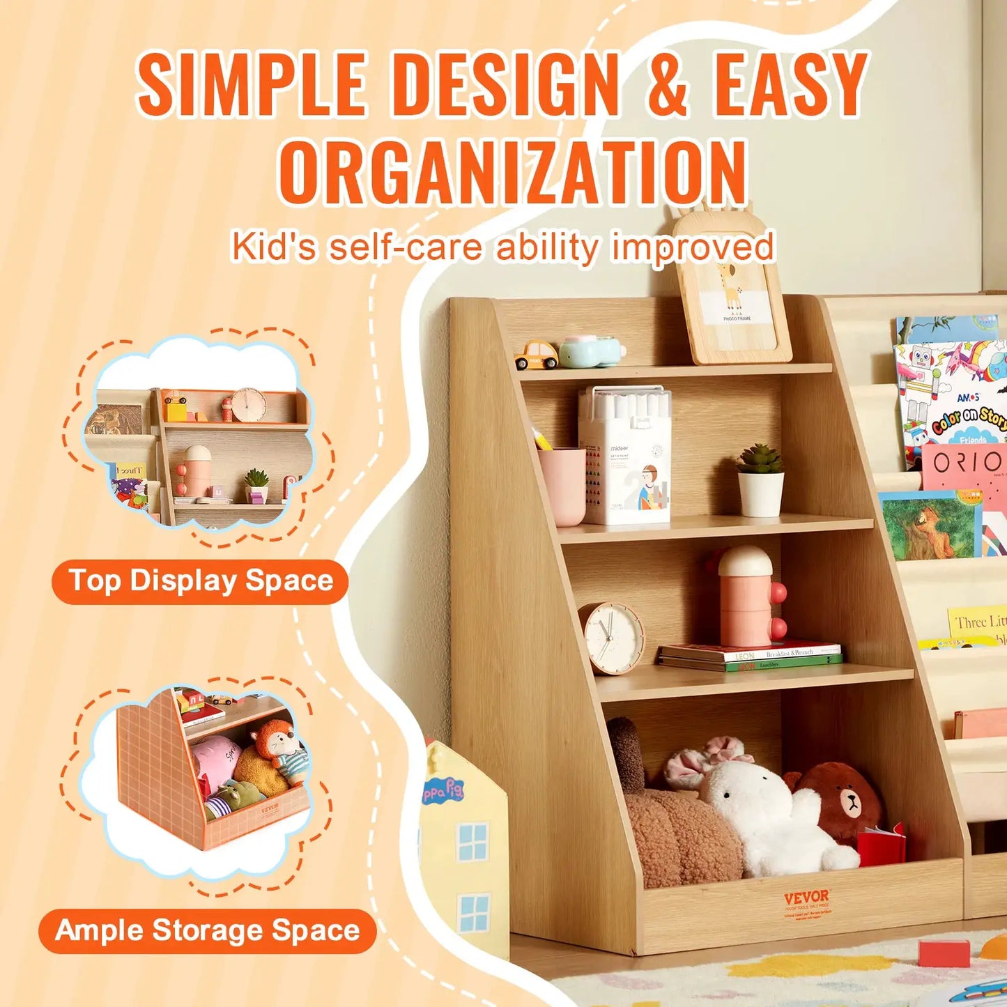 SucceBuy 4-Tier Kids Wooden Bookshelf 6-Layer Sling Bookcase Baby Storage Book Rack for Kids Room Playroom Kindergarten Nursery from PriceLows™