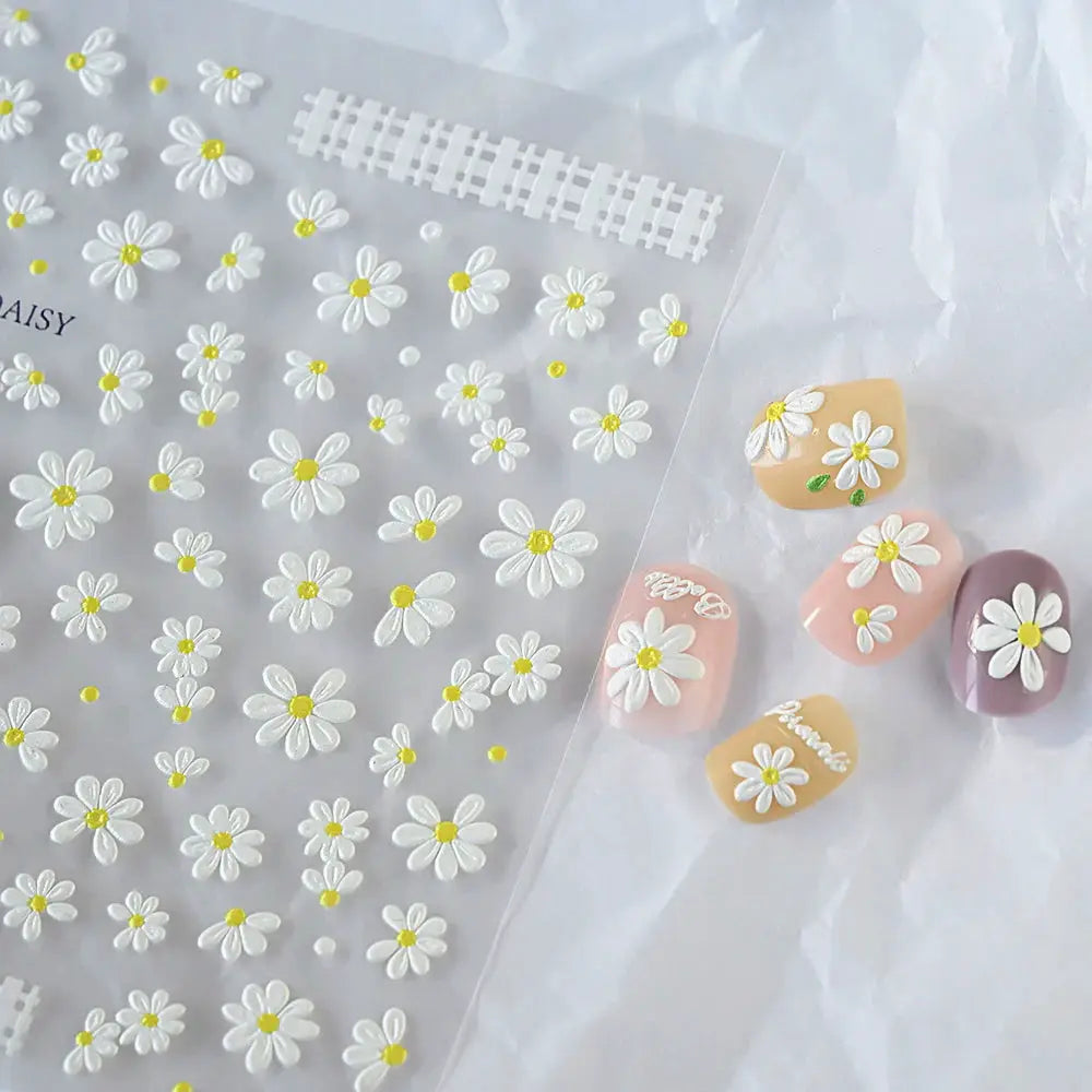 2pcs 5D White Daisy Design Nail Art Stickers Embossed Daisy Floret Green Leaf Nail Art Decals DIY Spring Summer Decor Stickers from PriceLows™