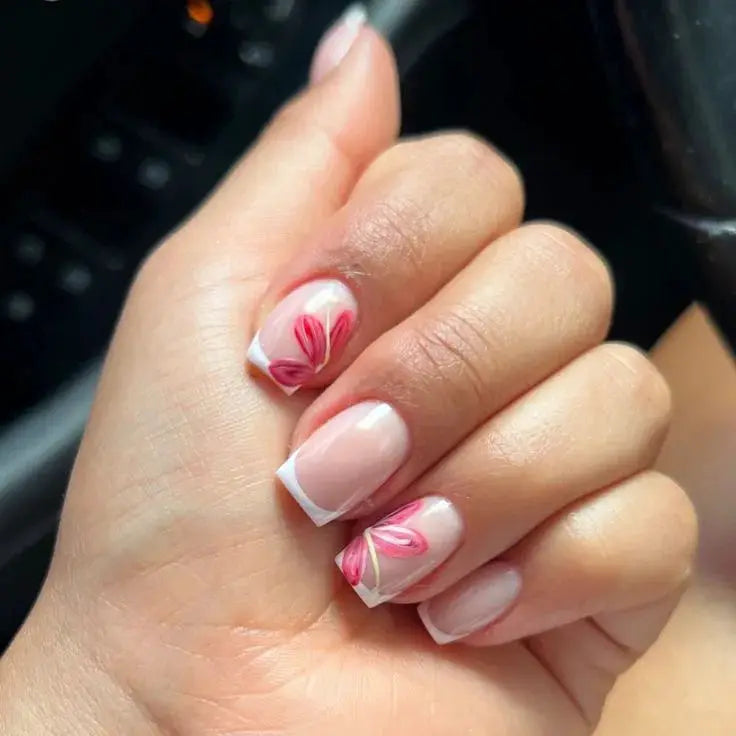 Press On Nails | Resin Coffin Shape | French Floral Print | 24 Pieces