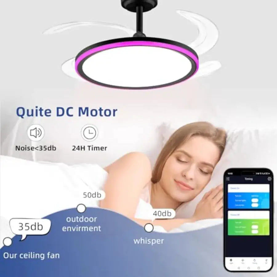 Slim Retractable Ceiling Fan with Light and APP Remote Control 42in Modern Smart RGB Ceiling Fan with Bluetooth Speaker Dimmabl from PriceLows™