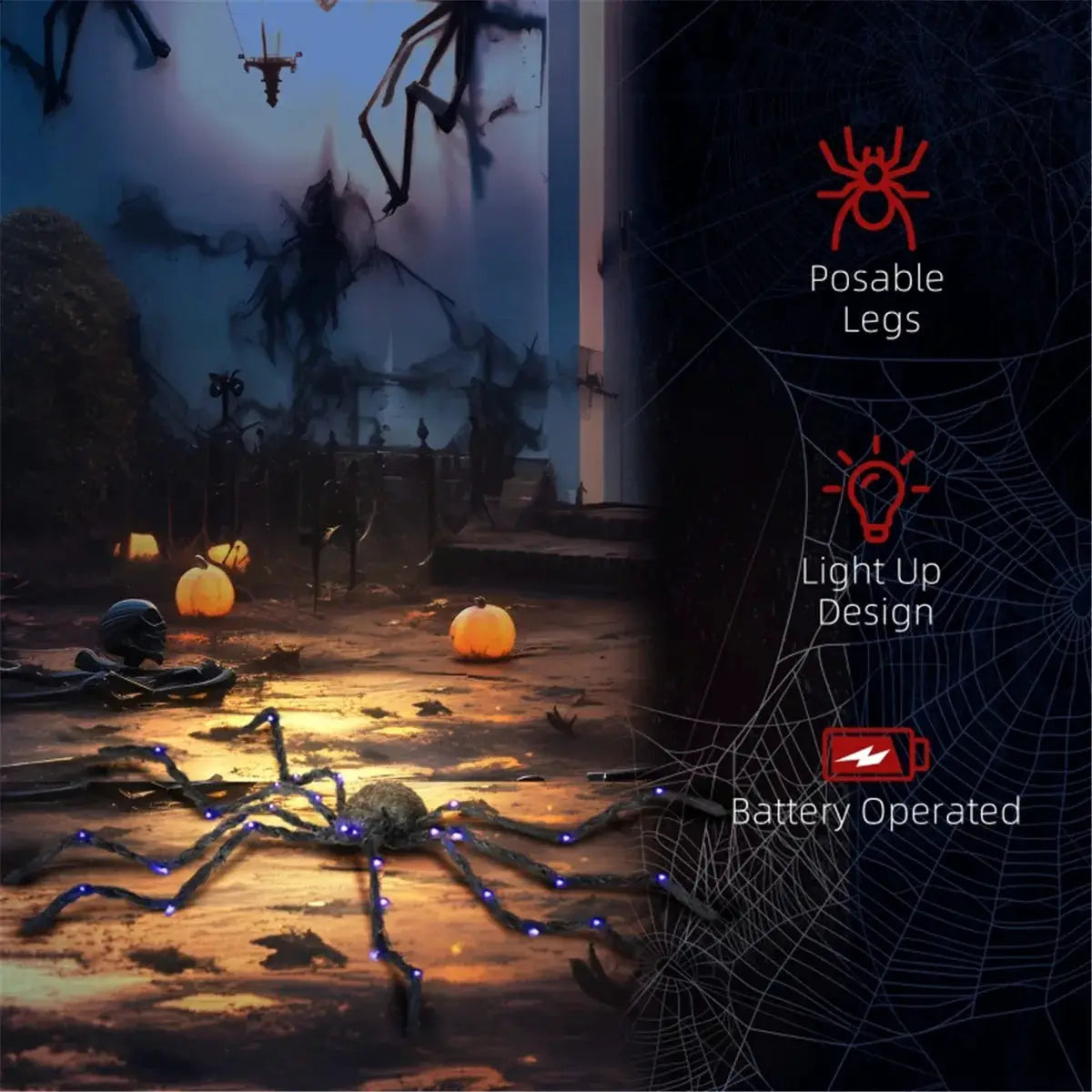 Giant Halloween Spider | 47 Inch | Bendable Purple Light Up | Black Color