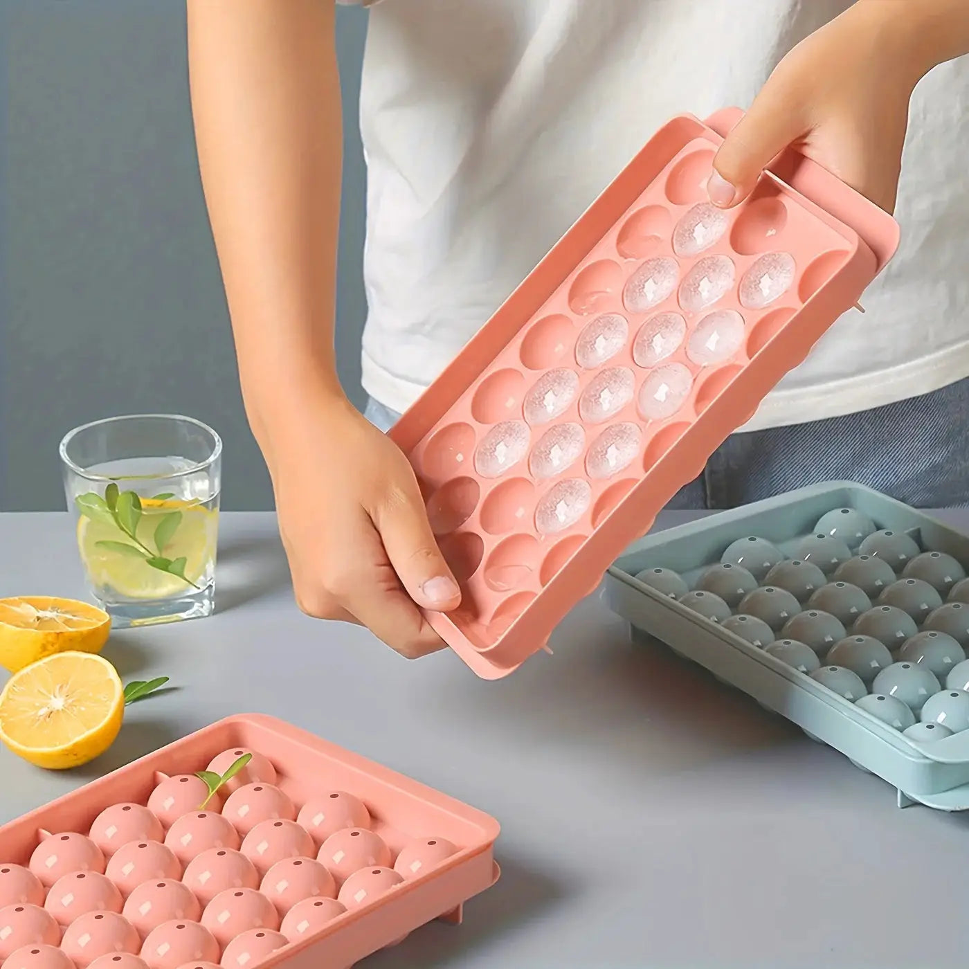 1 Unit Blue Lidded Round Ice Mold, Freezer Ice Ball Former, Freezer Kitchen Gadget Tray For Frozen Beverages from PriceLows™