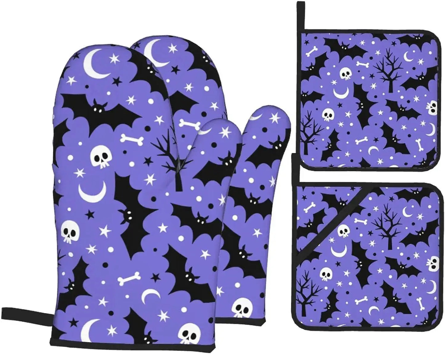 Oven Mitts And Pot Holders | 4 Piece | Halloween Bat Skull Moon Star | Non Slip