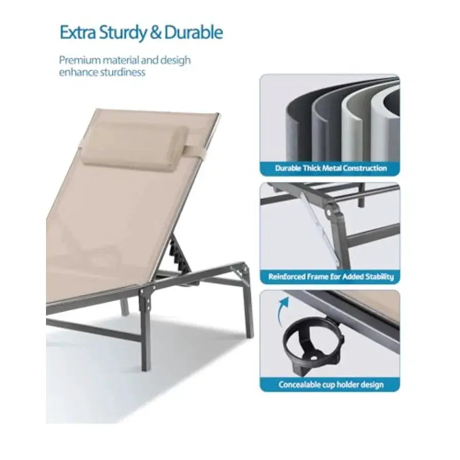 Outdoor chaise lounge chair for poolside, beach, patio use; khaki fabric; foldable, assembly-free design with cup holder, detac from PriceLows™