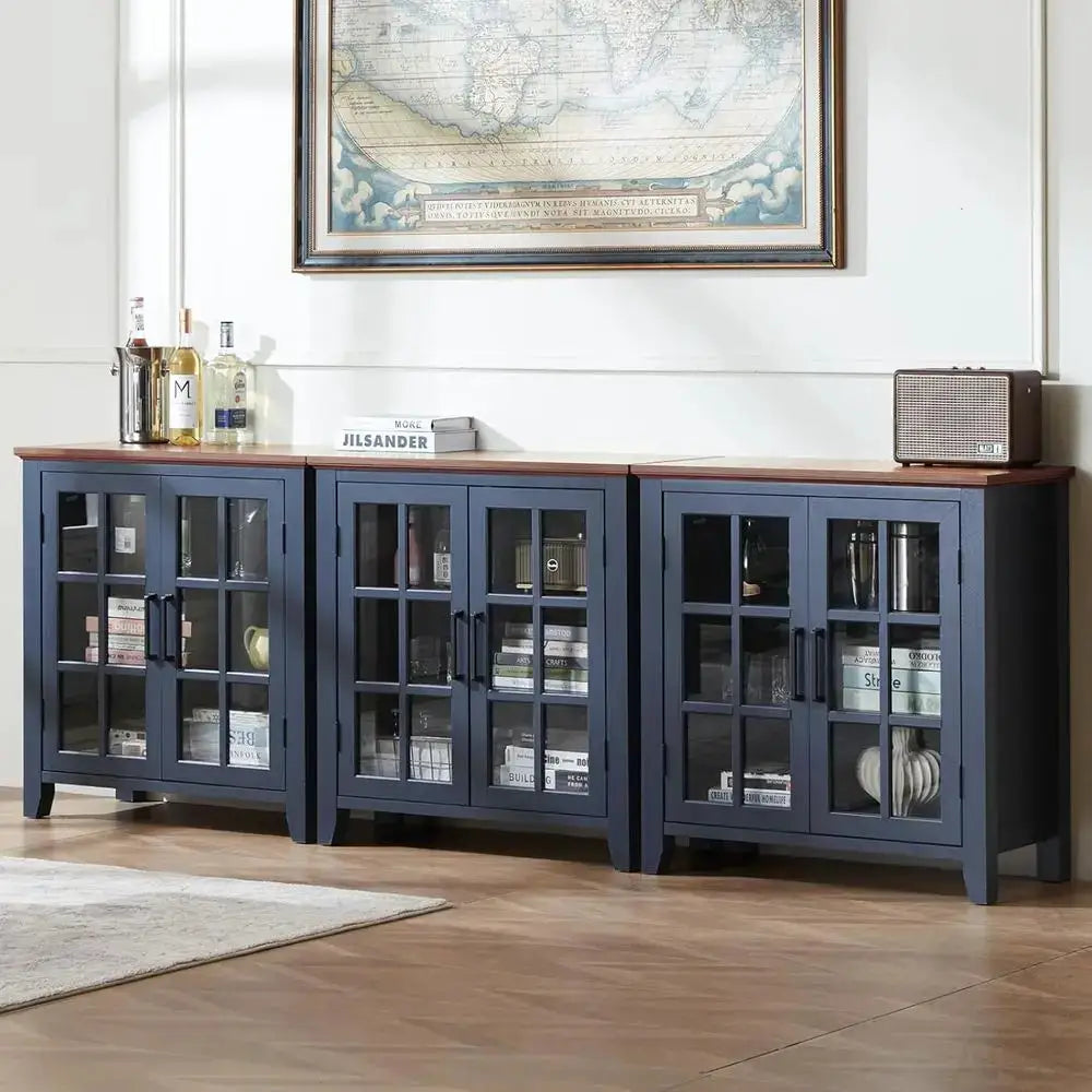 32 Navy Blue Kitchen Coffee & Wine Bar Cabinet with Storage and 2 Glass Doors from PriceLows™