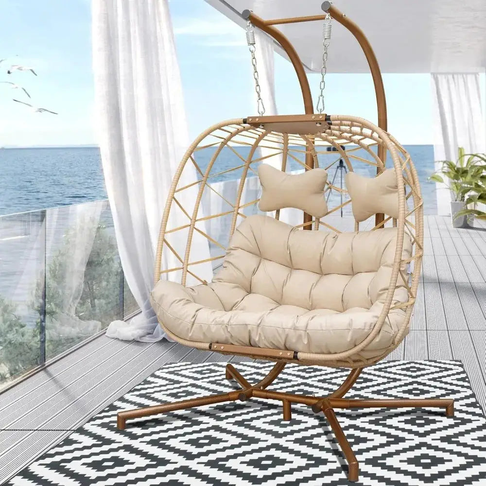 BLUEXYARD 2 Person Hanging Egg Chair with Stand, Extra Large 700 Lbs Wicker Patio Hammock Loveseat Swing, Oversized Cushioned Do from PriceLows™
