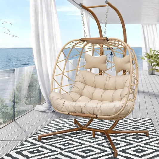 BLUEXYARD 2 Person Hanging Egg Chair with Stand, Extra Large 700 Lbs Wicker Patio Hammock Loveseat Swing, Oversized Cushioned Do from PriceLows™