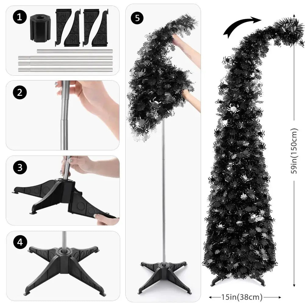 Artificial Black Christmas Tree | 59 Inch | Collapsible Design | With Stand